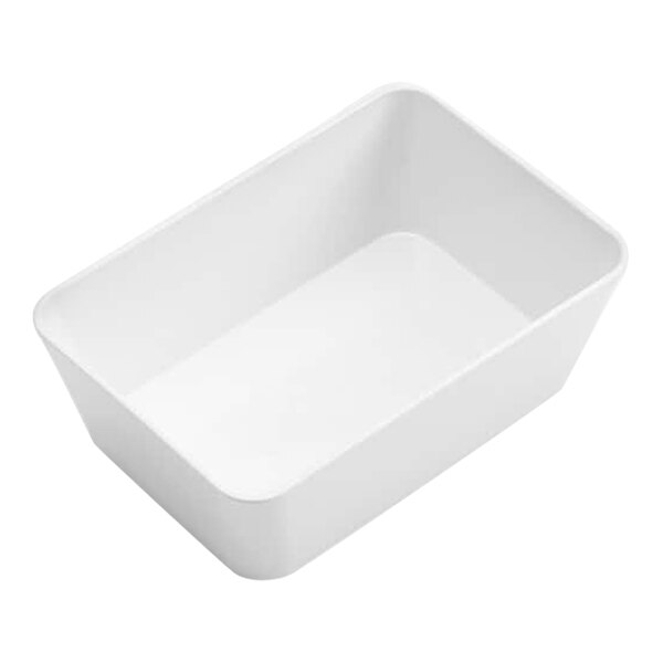 A white, rectangular, plastic bowl with smooth sides and rounded corners.