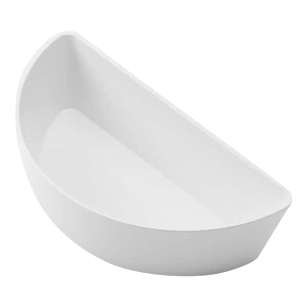 A white, half-round bowl with smooth surfaces and a minimalist design.