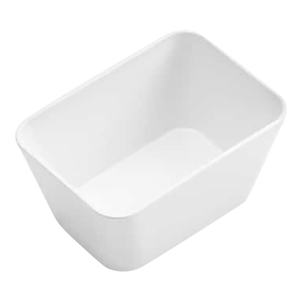A rectangular white bowl with smooth, slightly tapered sides and rounded corners.