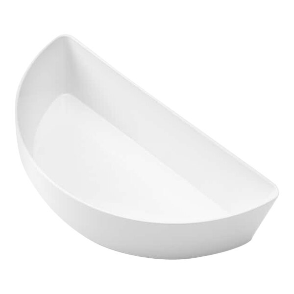 A white, half-round bowl with smooth surfaces and a minimalist design.
