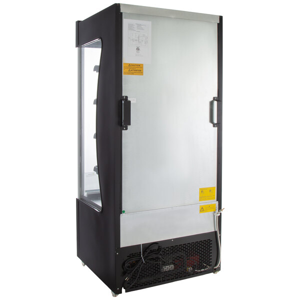 An Avantco black refrigerated air curtain merchandiser with a glass door open.