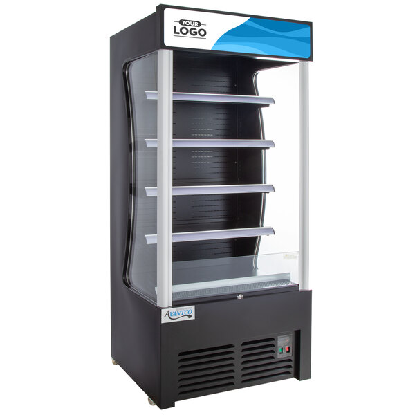 An Avantco black display refrigerator with customizable panel.