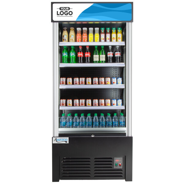 An Avantco black refrigerated air curtain merchandiser with soda and water inside.