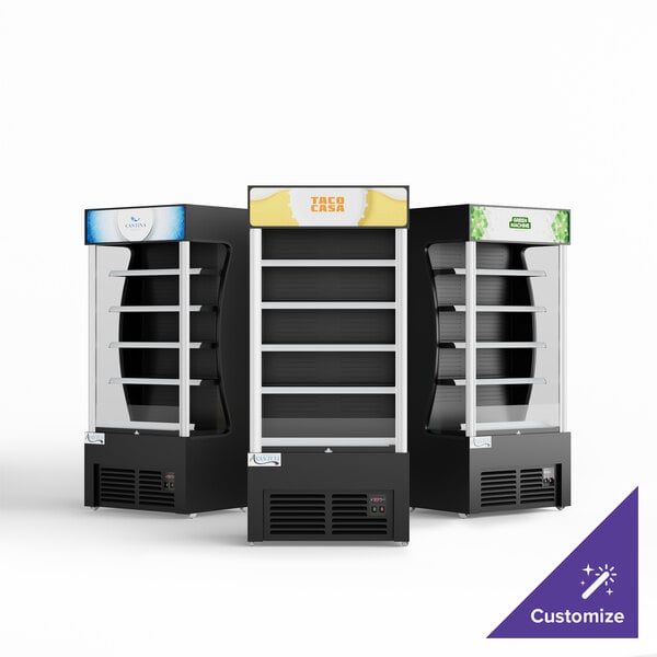 A black Avantco refrigerated air curtain merchandiser with customizable panel.