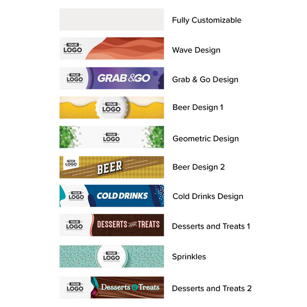 An Avantco white refrigerated air curtain merchandiser with customizable panel on a white background.