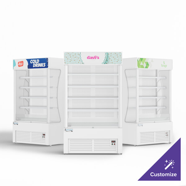 A white Avantco refrigerated air curtain merchandiser with shelves.