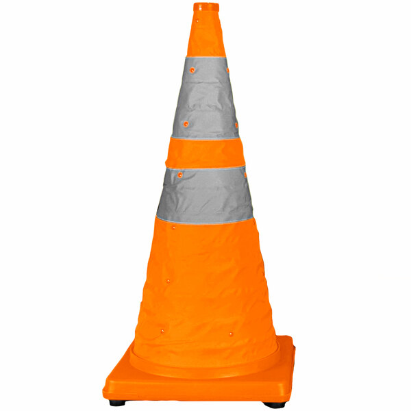 An orange and grey Cortina traffic cone with reflective bands on a stand.