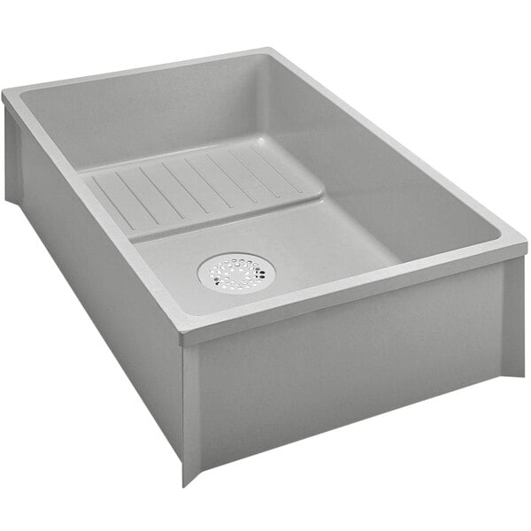 A Zurn gray composite mop sink with a drain shelf.