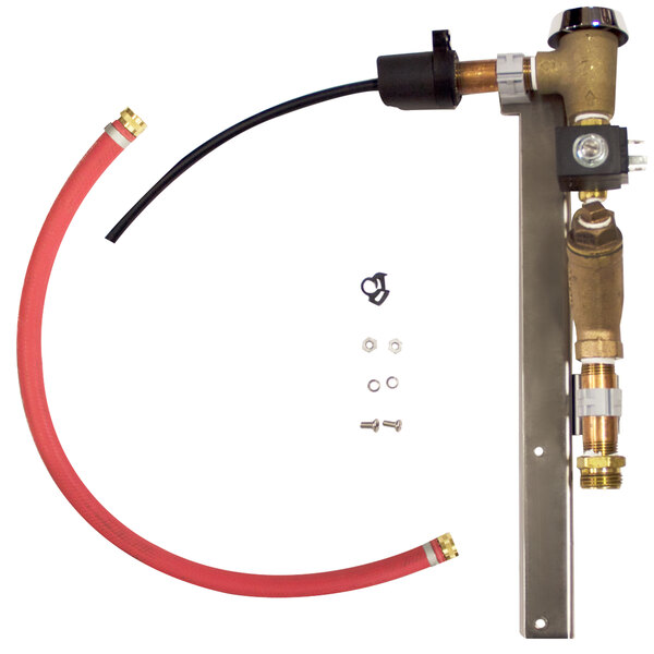 A metal pipe with a hose and valve attached to it.