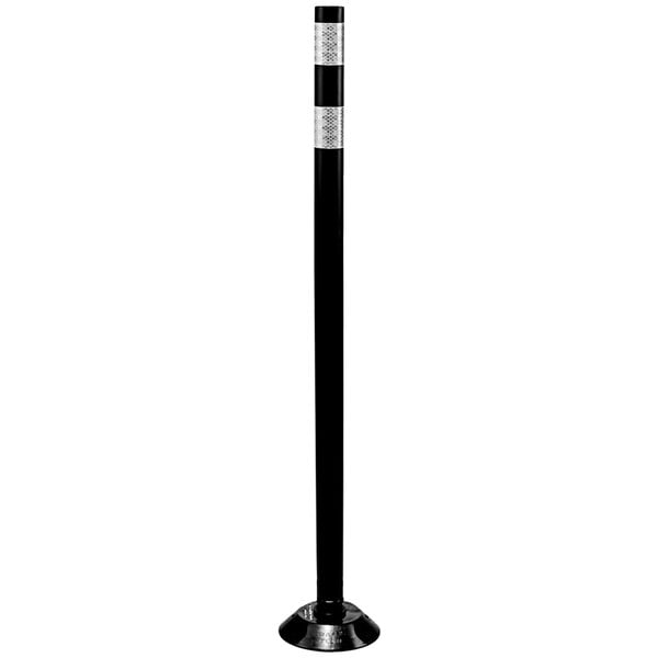 A black tubular marker post with a black base and reflective bands on a white background.