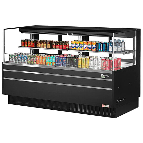 A black Turbo Air horizontal refrigerated open curtain merchandiser with drinks and beverages inside.