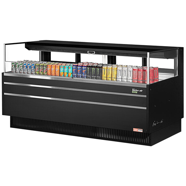 A black Turbo Air refrigerated open curtain display case with drinks in it.