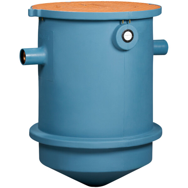 A blue plastic Thermaco Trapzilla grease interceptor with two holes.