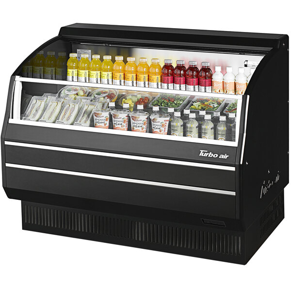 A black refrigerated horizontal display case with drinks inside.