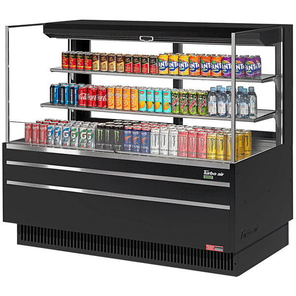 A black Turbo Air horizontal refrigerated open curtain merchandiser with drinks and cans on shelves.