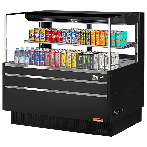 A Turbo Air black horizontal refrigerated open curtain merchandiser with drinks and cans on shelves.