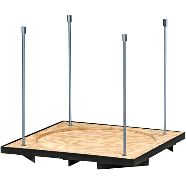 A wooden platform with metal rods attached to it.