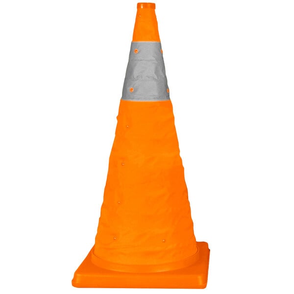 An orange and grey Cortina Pack N Pop traffic cone with reflective bands.