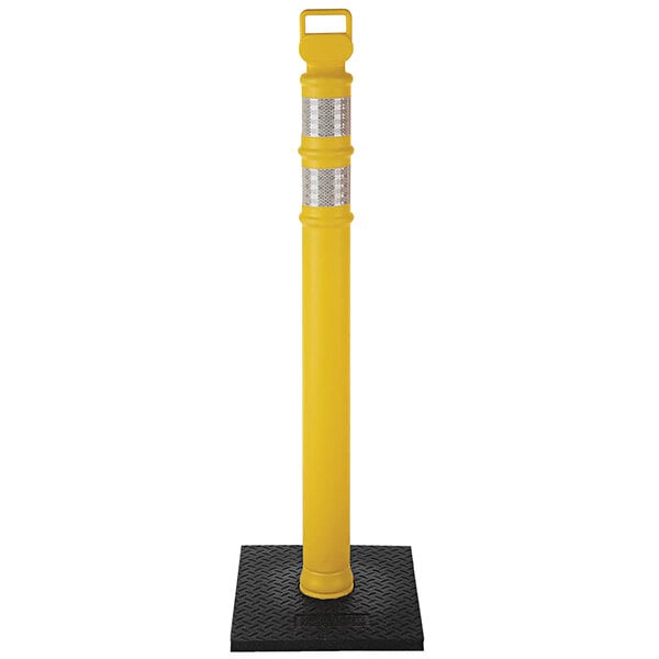 A yellow flared pole with a black base and reflective bands on a white background.