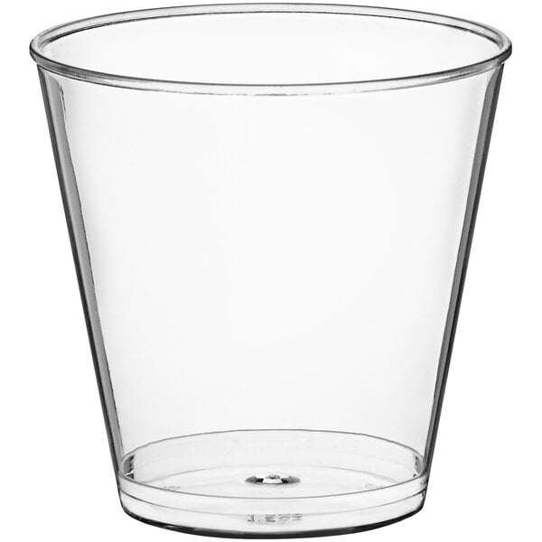 A clear plastic Choice shot glass with a small bottom.