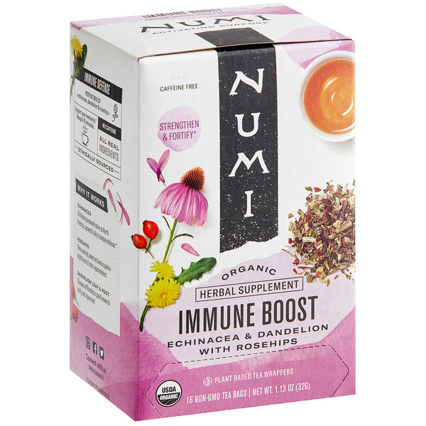 A box of Numi Organic Immune Boost Herbal Tea Bags on a table.