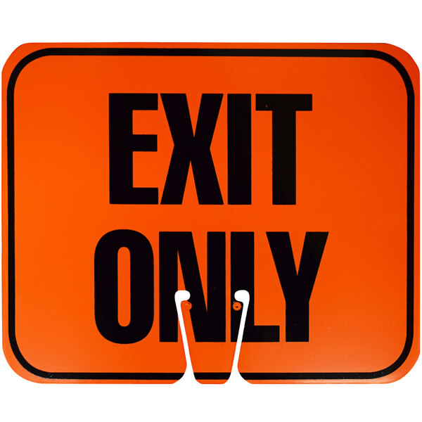 An orange Cortina double-sided cone sign with black text that says "Exit Only"