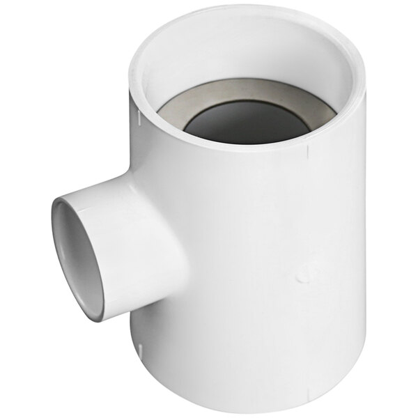 A white pipe with a grey and black circular vent control assembly on it.