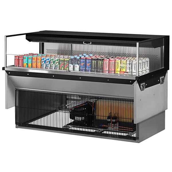 A Turbo Air drop-in refrigerated display case filled with a variety of drinks on a counter.