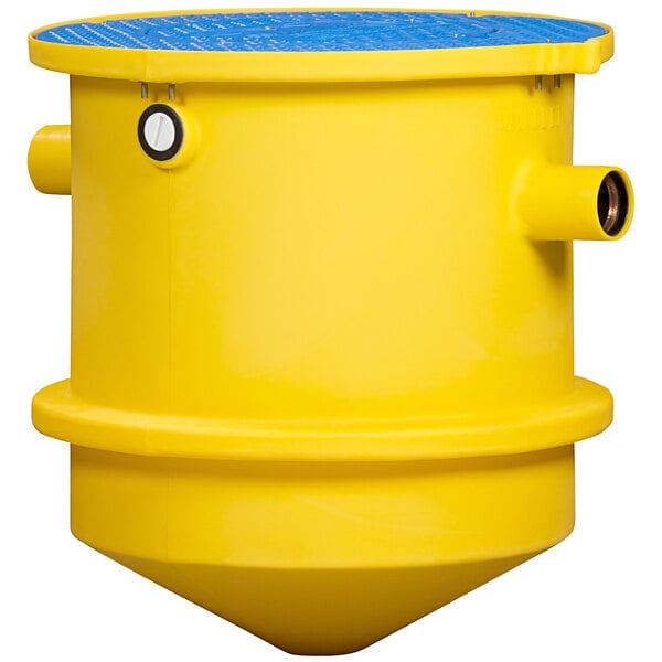 A yellow rectangular tank with a blue lid.