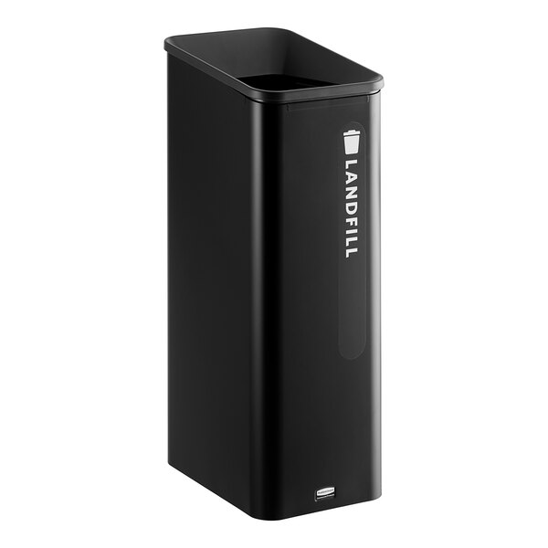 A black rectangular Rubbermaid Sustain landfill trash container with white text.