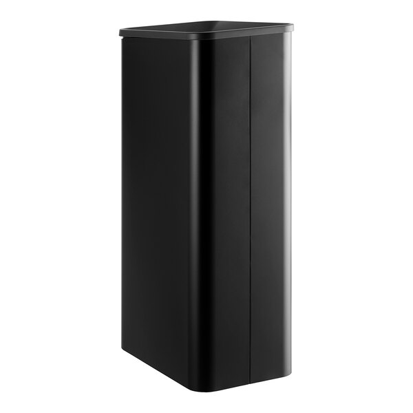 A black rectangular Rubbermaid Sustain landfill waste container with a lid.