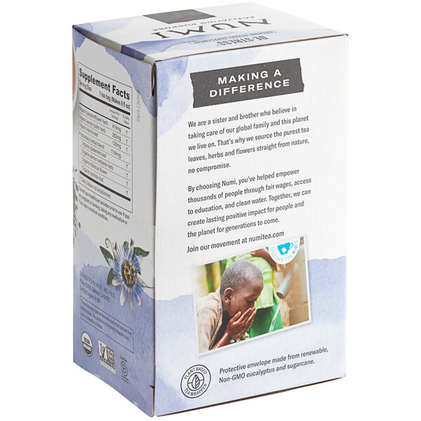 A box of Numi Organic De-Stress Herbal Tea Bags with a label.