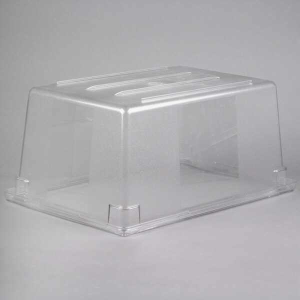 A clear Rubbermaid polycarbonate food storage box with a clear lid.