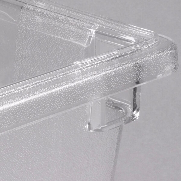 A clear Rubbermaid polycarbonate food storage box with a handle.