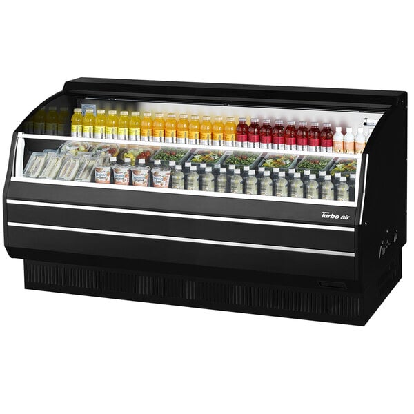 A black display case with drinks and beverages.