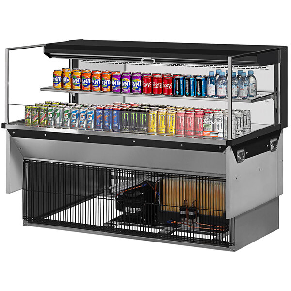 A Turbo Air drop-in refrigerated display case with drinks and cans on shelves.