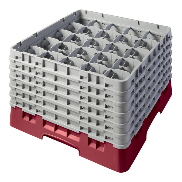 A cranberry and gray plastic Cambro glass rack with extenders.