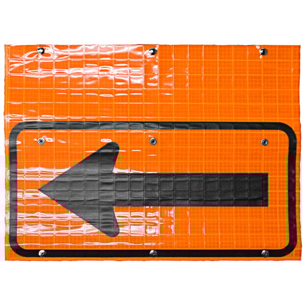 An orange sign with a black arrow pointing to the left.