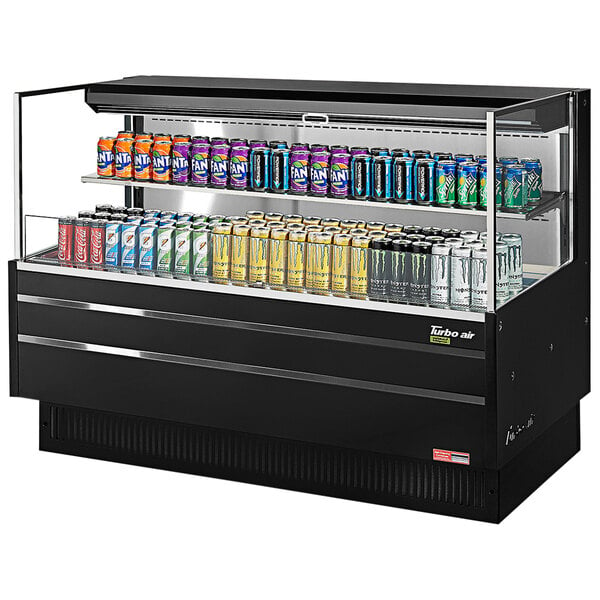 A black Turbo Air refrigerated open curtain merchandiser with drinks on display.