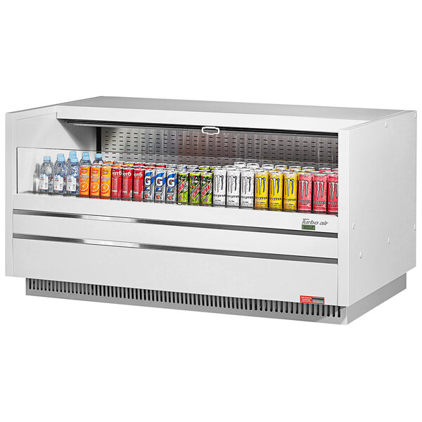 A white Turbo Air drop-in refrigerated display case full of drinks.