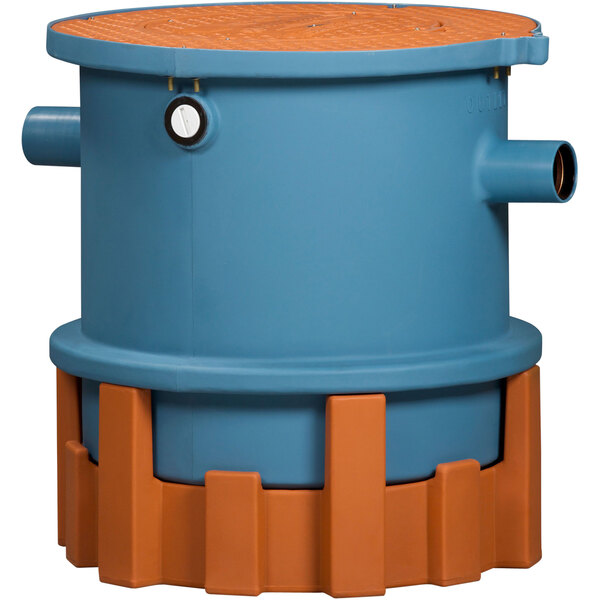 A blue and orange plastic container with a white lid.