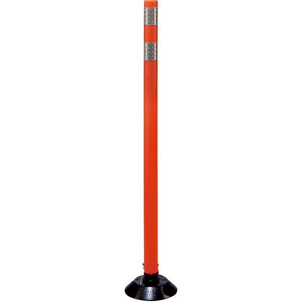 A close-up of a Cortina orange tubular marker post with black base and reflective bands.