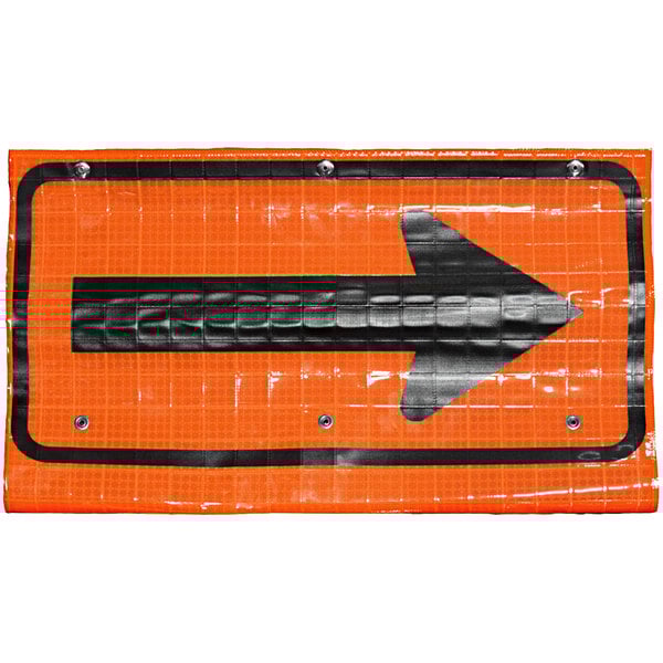An orange sign with a black arrow.