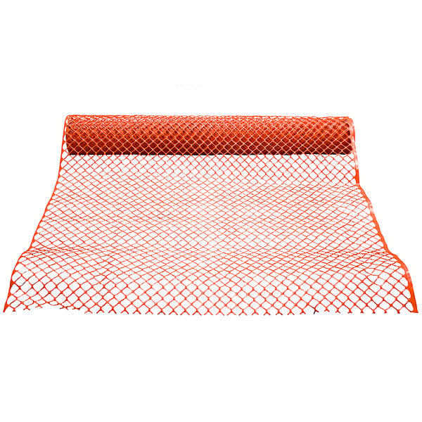 A close-up of orange plastic mesh netting with a diamond pattern.