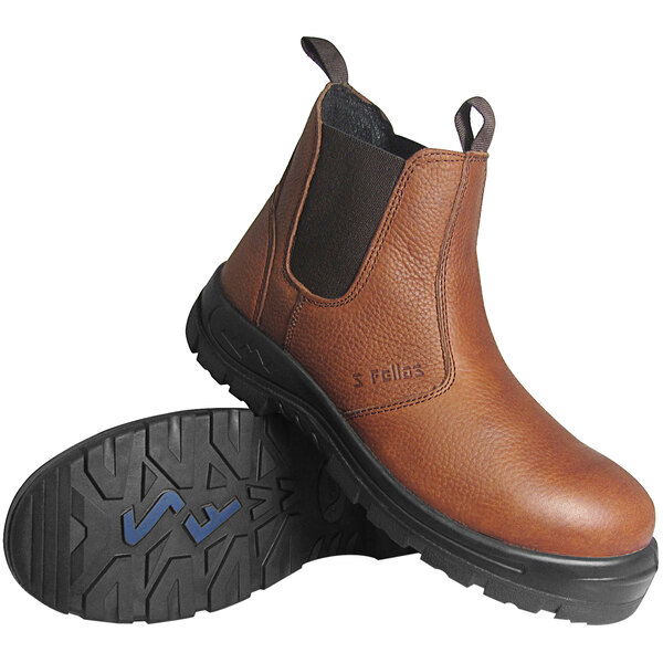 A pair of brown ankle-high boots with black elastic side panels and thick black non-slip soles, one boot standing upright and the other showing the tread pattern.