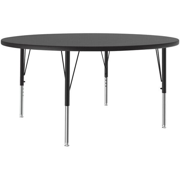 A Correll black round activity table with chrome legs.