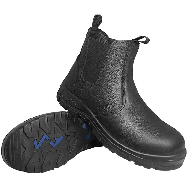A pair of black, ankle-high leather boots with textured uppers, elastic side panels, pull tabs, and rugged non-slip soles featuring blue accents.