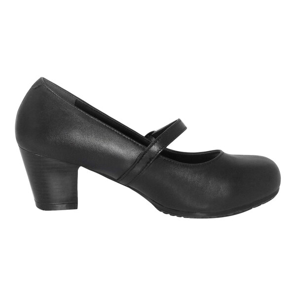 A black, closed-toe dress shoe with a mid-height heel and a single strap across the instep.