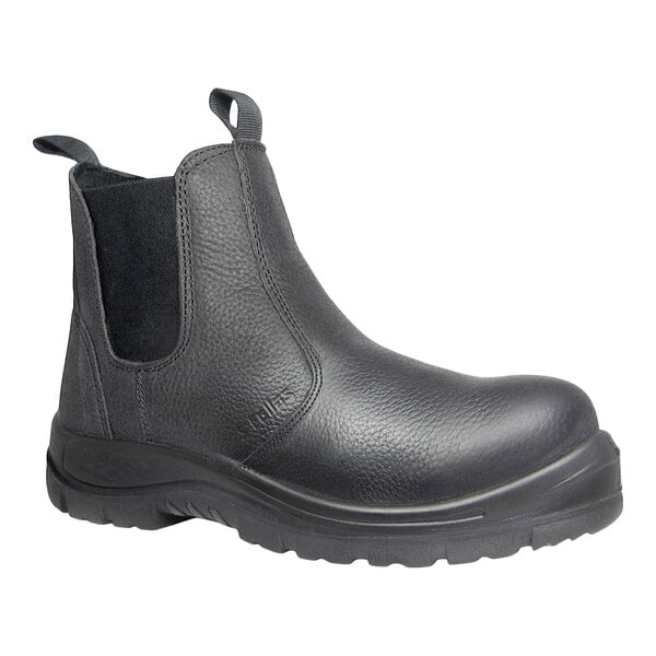 A black, ankle-high boot with a textured leather-like surface, elastic side panels, and a thick, rugged sole.