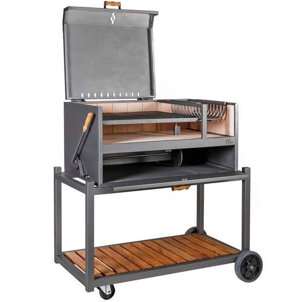 A Nuke BBQ Delta charcoal grill on a cart with a wooden tray.
